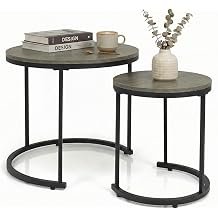GOFLAME Nesting Coffee Tables Set of 2, Stacking Round Center Table with Wooden Tabletop & Powder Coated Steel Frame, Living Room Coffee End Table Set for Apartment, Bedroom Gray Oak & Black