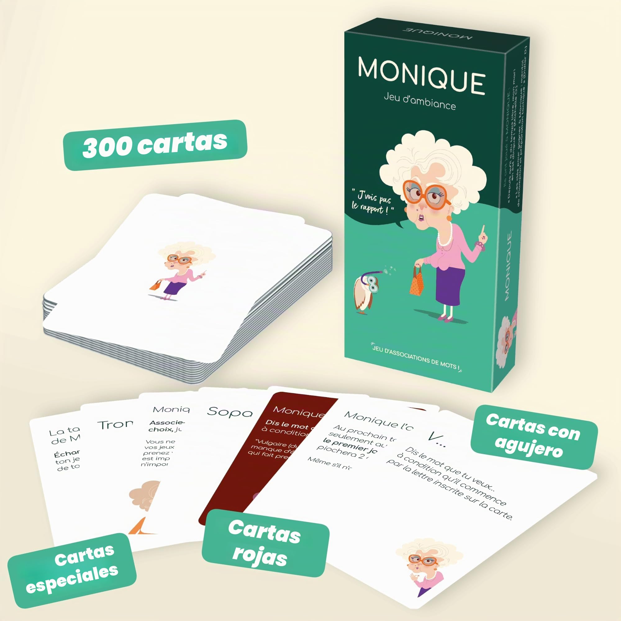 Monique Juego de mesa, Asociación de Palabras, Justificación, Bluff, Locos Risas, Juego de Ambiente, Juego de Mesa Adultos con más de 1 millón de jugadores, Juego de cartas x300, Diseñado en Francia