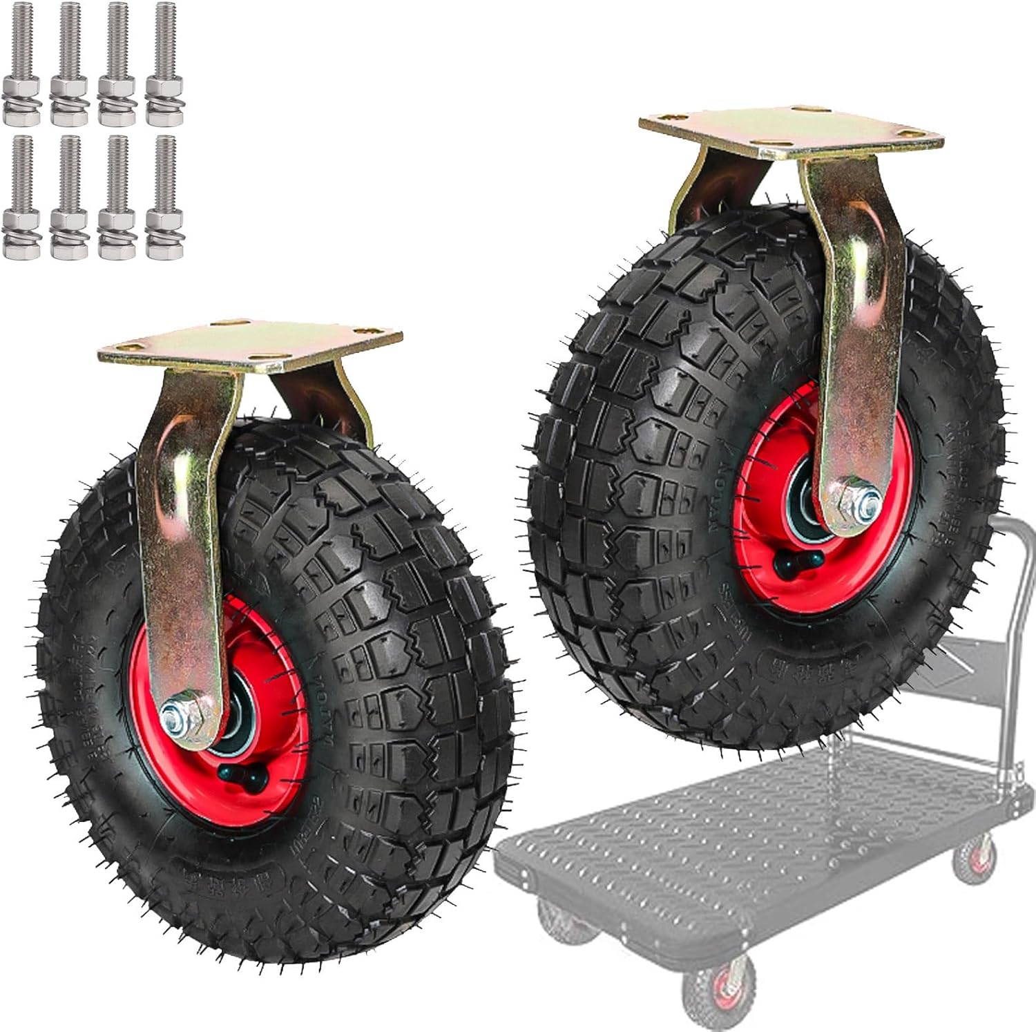 Castor Trolley Industrial Transport Wheel Pneumatic Swivel Caster Mute Castors, Rubber, Steel Hub, Air Filled Wheels, for Wheelbarrow/Hand Truck/Tool Cart/Garden Carts