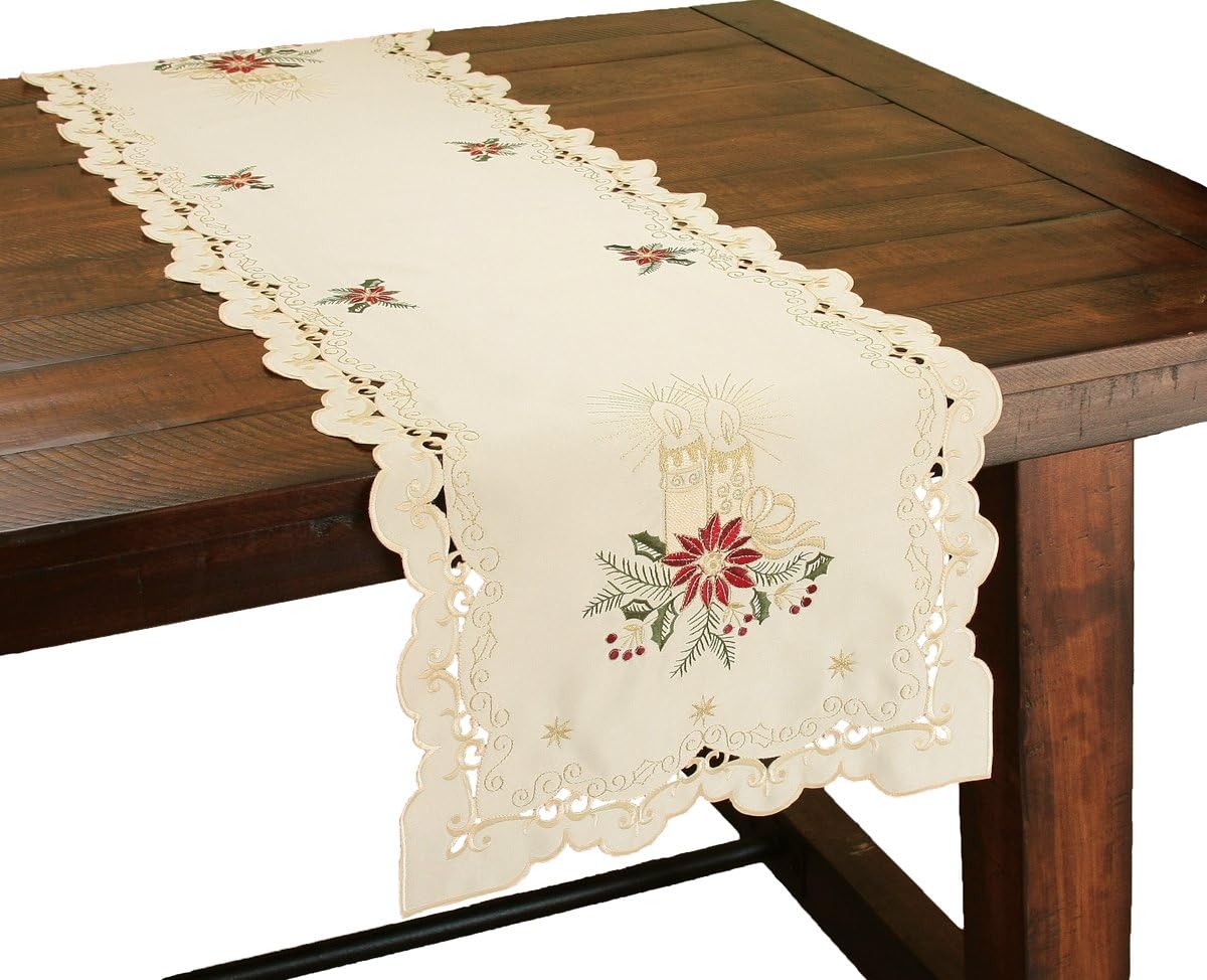 Golden Glow Embroidered Cutwork Christmas 15-Inch by 54-Inch Table Runner