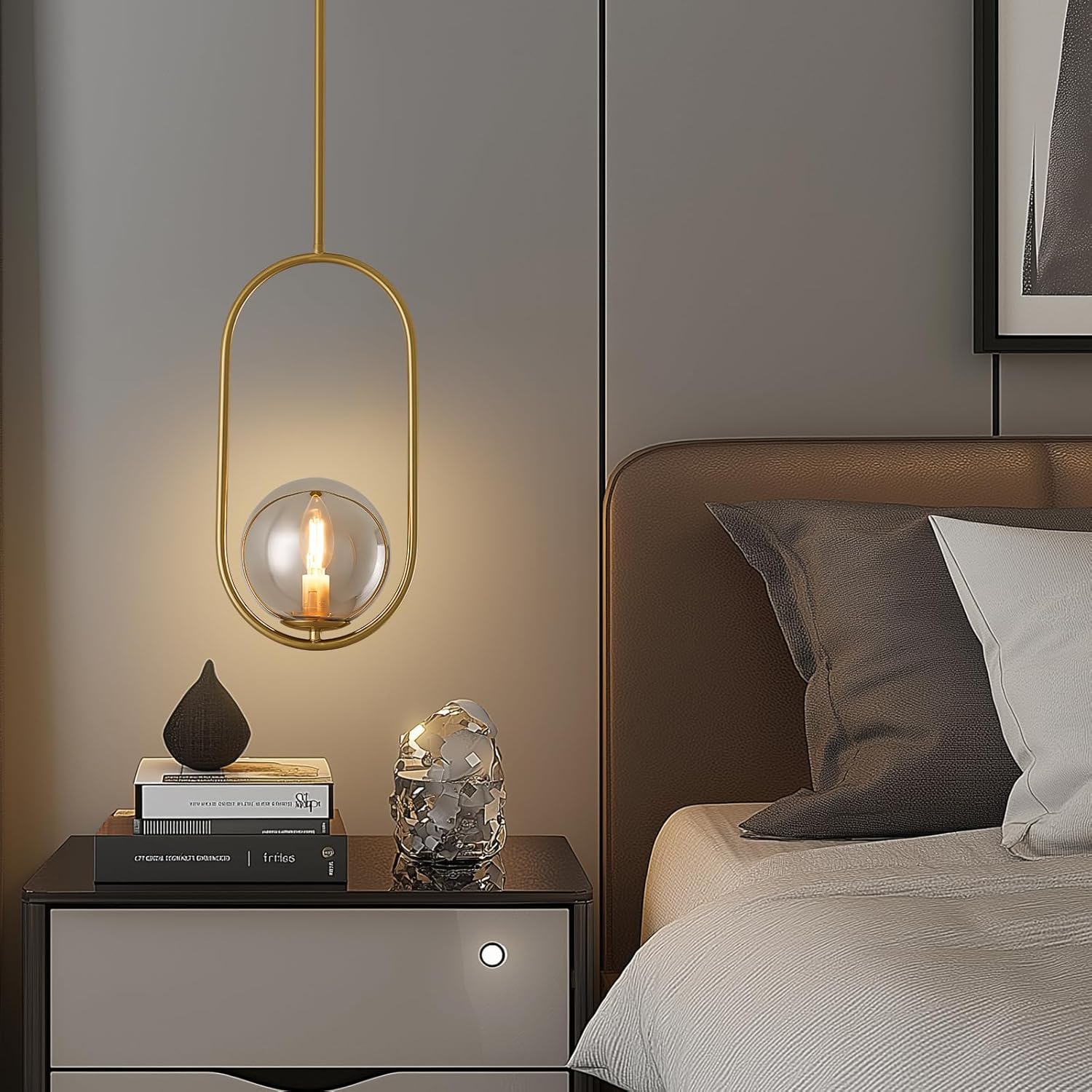 Modern Pendant Lighting Gold Hanging Light Fixture for Sloped Ceiling,Brass Pendant Lighting Fixture Pendant Chandelier Globe Gray Hanging Light