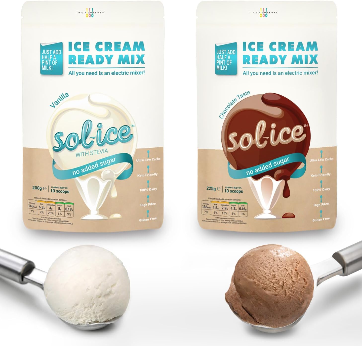 Sol-ice 0% Added Sugar Ice Cream Mix Powders | Dairy Keto Friendly, Fibre-Based | Whip with Just a Mixer or Machine | Value Bundle, One Vanilla & One Chocolate