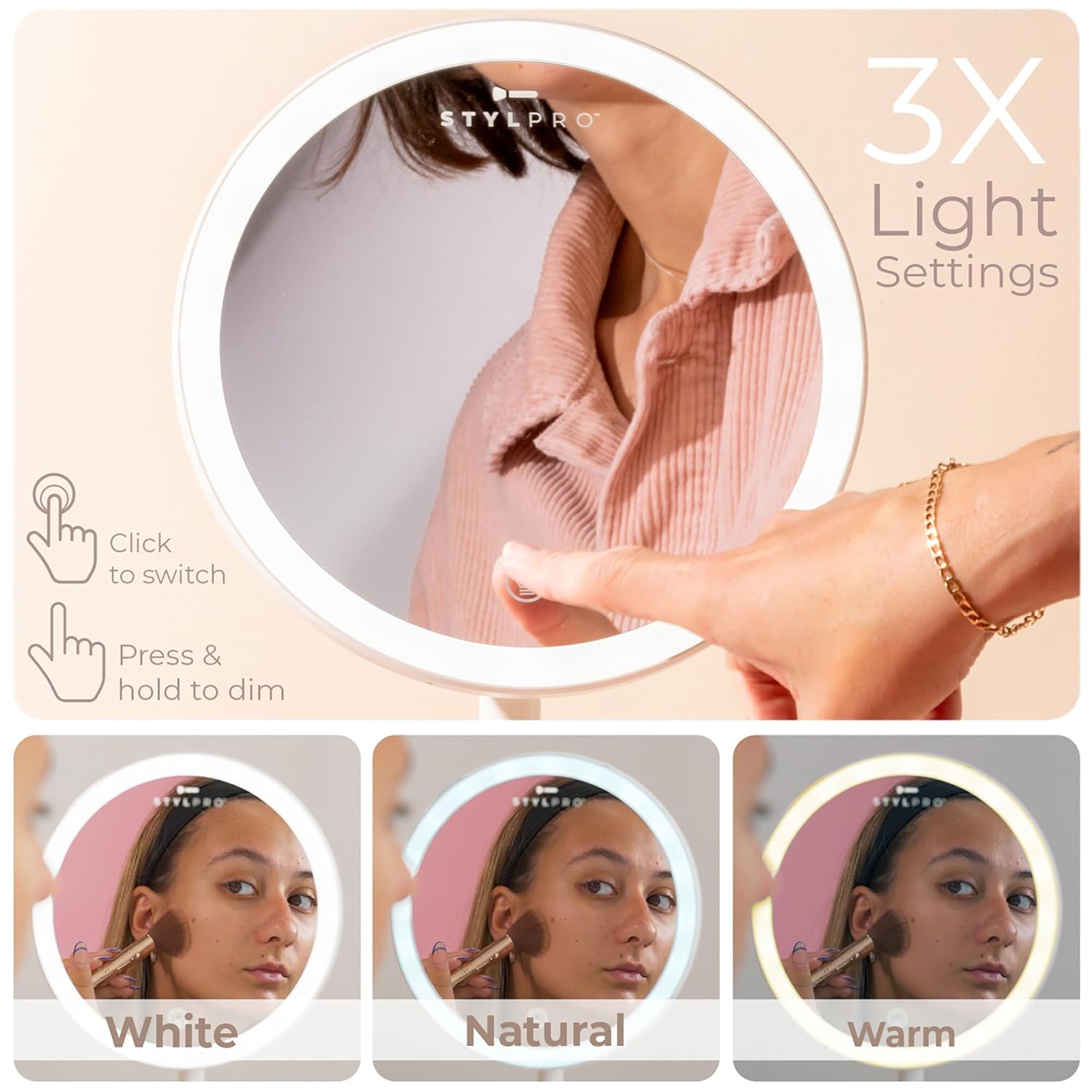 stylPro Melody Rechargeable Bluetooth Portable Travel Makeup Mirror with Tray - Vanity Cosmetic Desk Mirror with Dimmable Touch 3 LED Color Lighting Modes for Women - 1 Piece