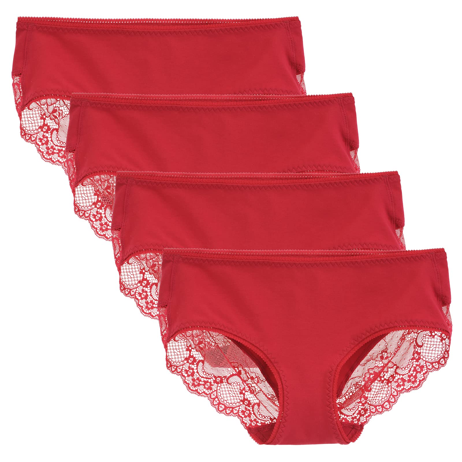 Women's 4 Pack Cotton Mid Rise Full Coverage Lace Hipster Brief Panty Underwear X-Large Red