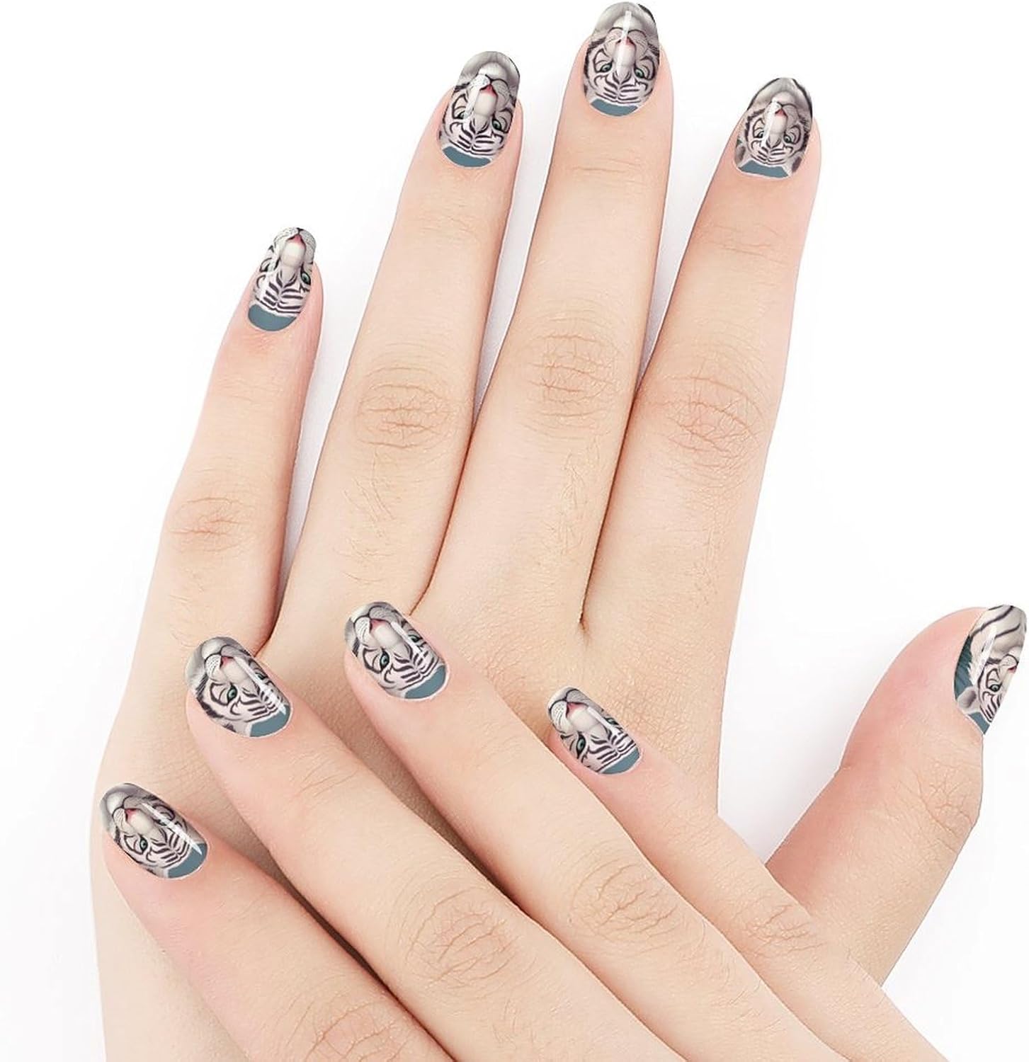 100 Pieces Full Nail Wraps Self-Adhesive Gel Nail Stickers for Women | Cute White Tiger Nail Strips, UV Free, Chip Resistant, Waterproof Full Cover, Long Lasting Nail Decals
