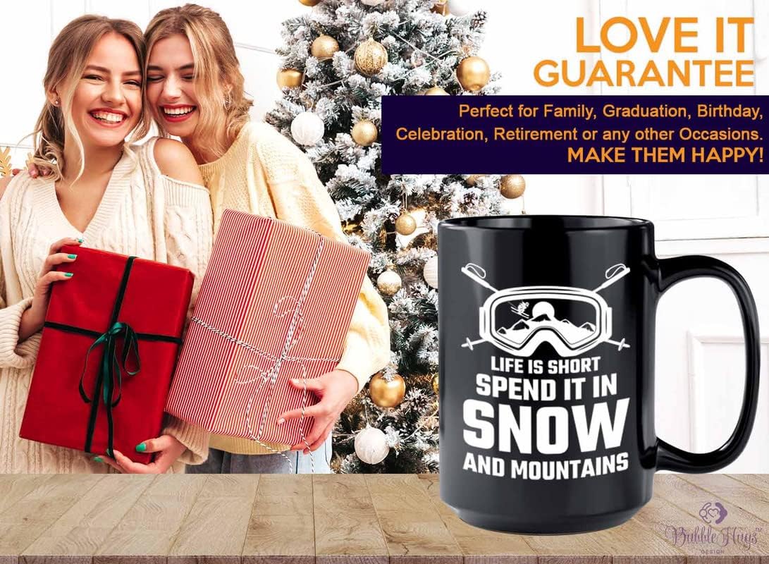 Bubble Hugs Skiing Coffee Mug 15oz Black - In Snow & Mountains - Ski Bum Gifts Fun Gifts for Skiers Mountain Camping Water Skiier Gifts