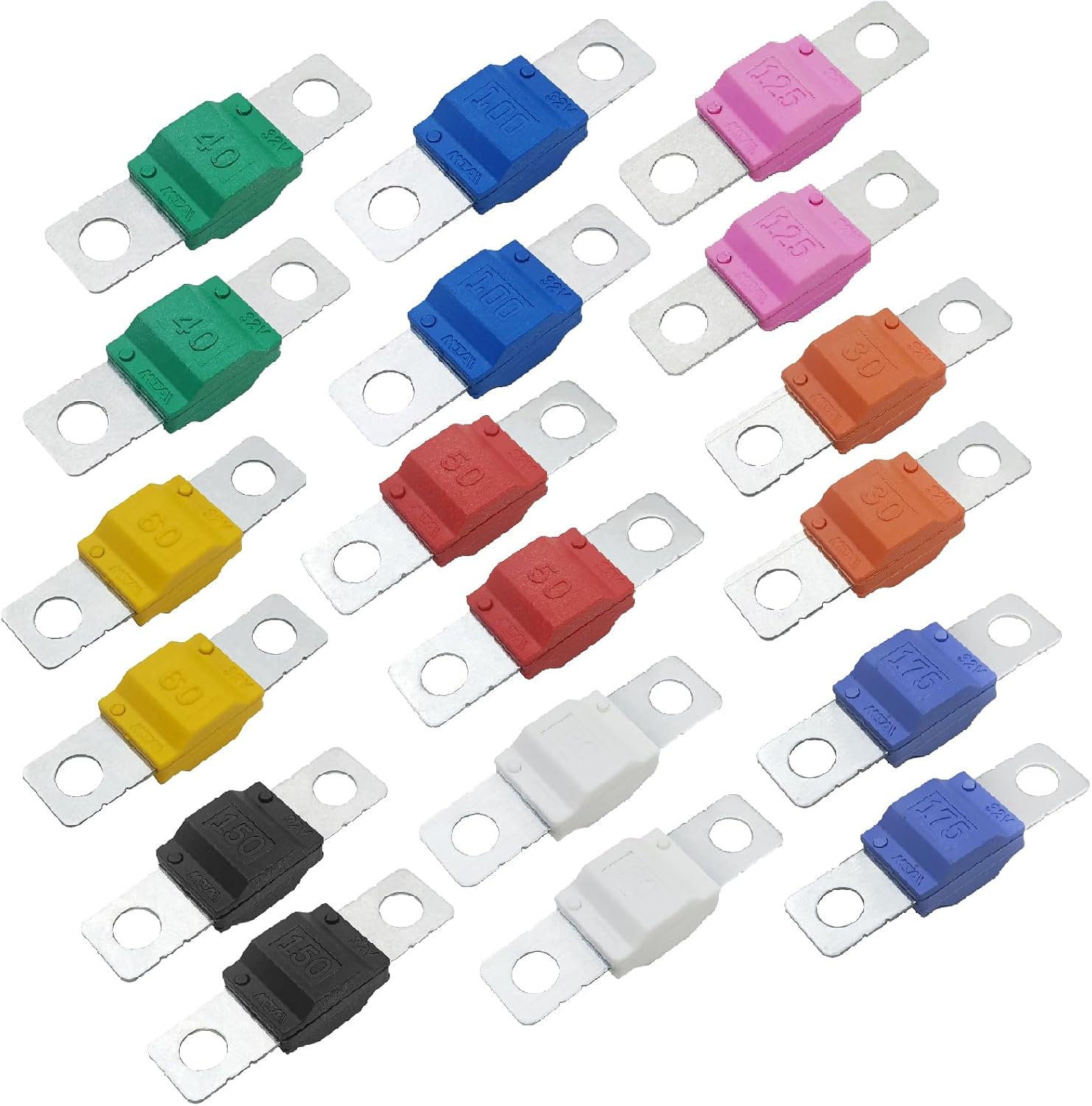 18PCS AMI/Midi Fuse Assortment Kit, Copper Plated High Current Bolt-on Fuse Fits for 32V Electrical Systems, 30A/40A/50A/60A/80A/100A/125A/150A/175A for Car/Truck/Marine Boat