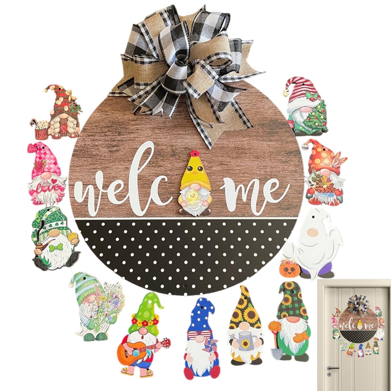 Ornements arbre de Noël saisonniers et panneau de bienvenue Gnome en bois