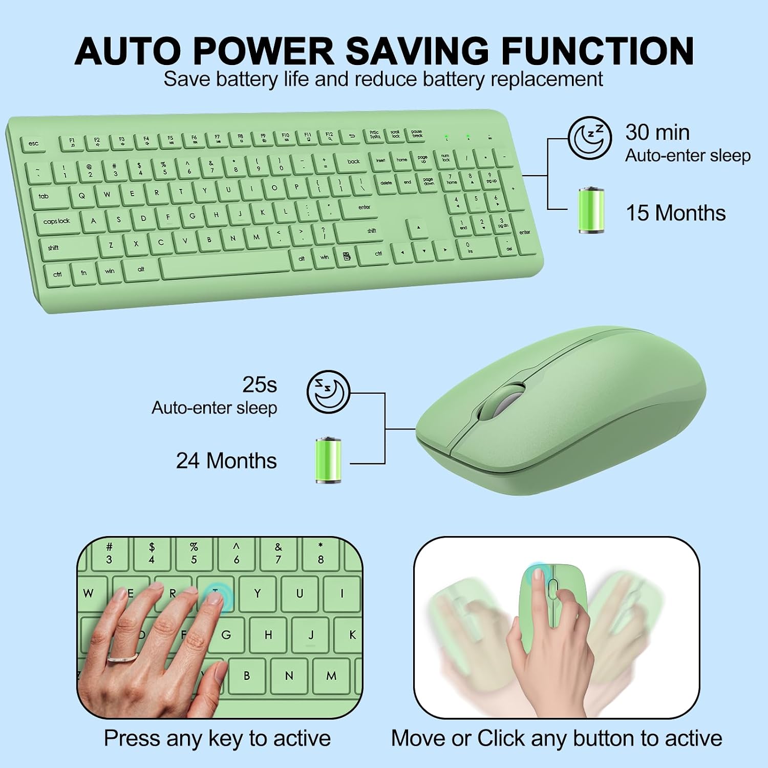 Wireless Keyboard and Mouse Combo, Full-Size Silent Ergonomic Keyboard and Optical Mouse, Long Battery Life, 2.4G Lag-Free Mice Keyboard for Computer,Mac,Laptop,PC,Windows(Avocado Green)