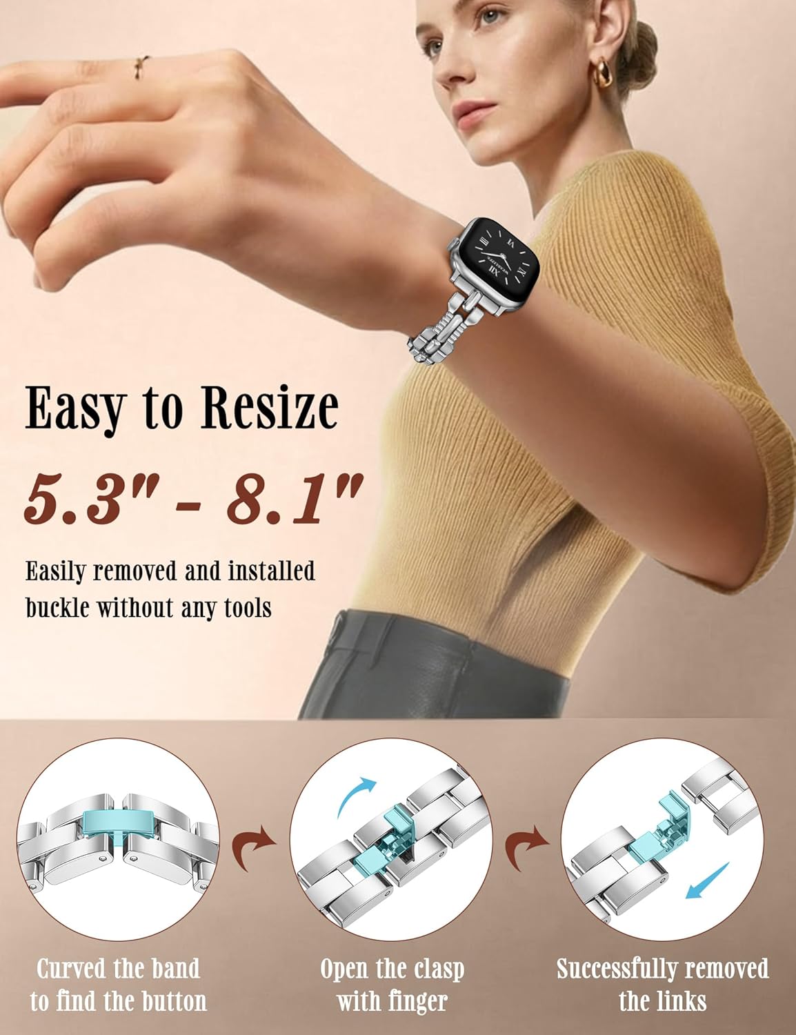 Wearlizer Slim Metal Band Compatible with Apple Watch Bands 42/46/38/40/41/44/45/49mm Women, Thin Dressy Stainless Steel Strap Designer Bracelet for iWatch Series 11 10 9 8 7 6 5 4 SE/Ultra 3 2 1