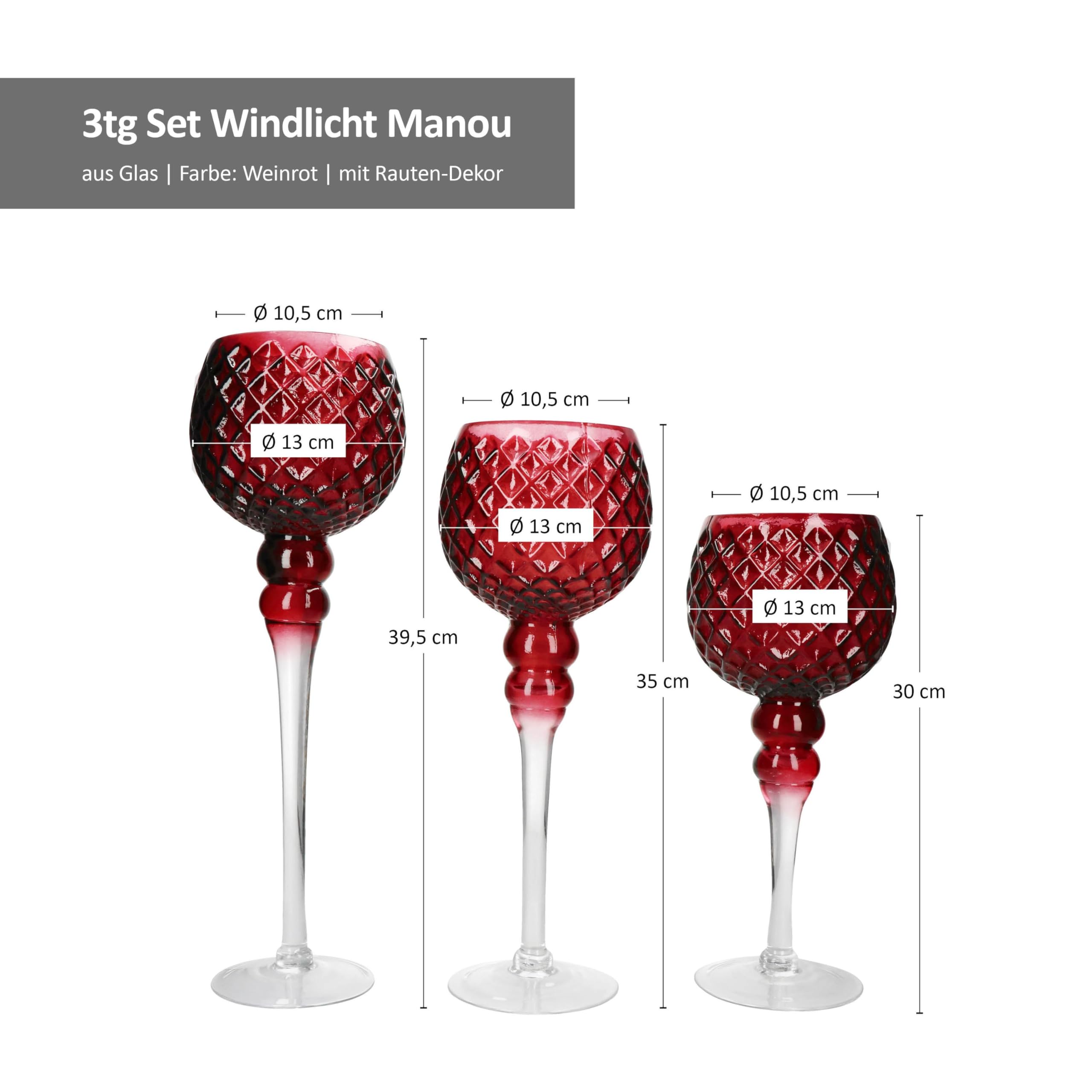 MamboCat 3tlg Set Windlicht Manou I runde Teelichthalter in Weinrot mit Rauten-Dekor & transparentem Fuß I Höhe 30cm, 35cm & 39,5cm I Kerzenständer aus Glas, Tisch-Deko, Weihnachten, Winter