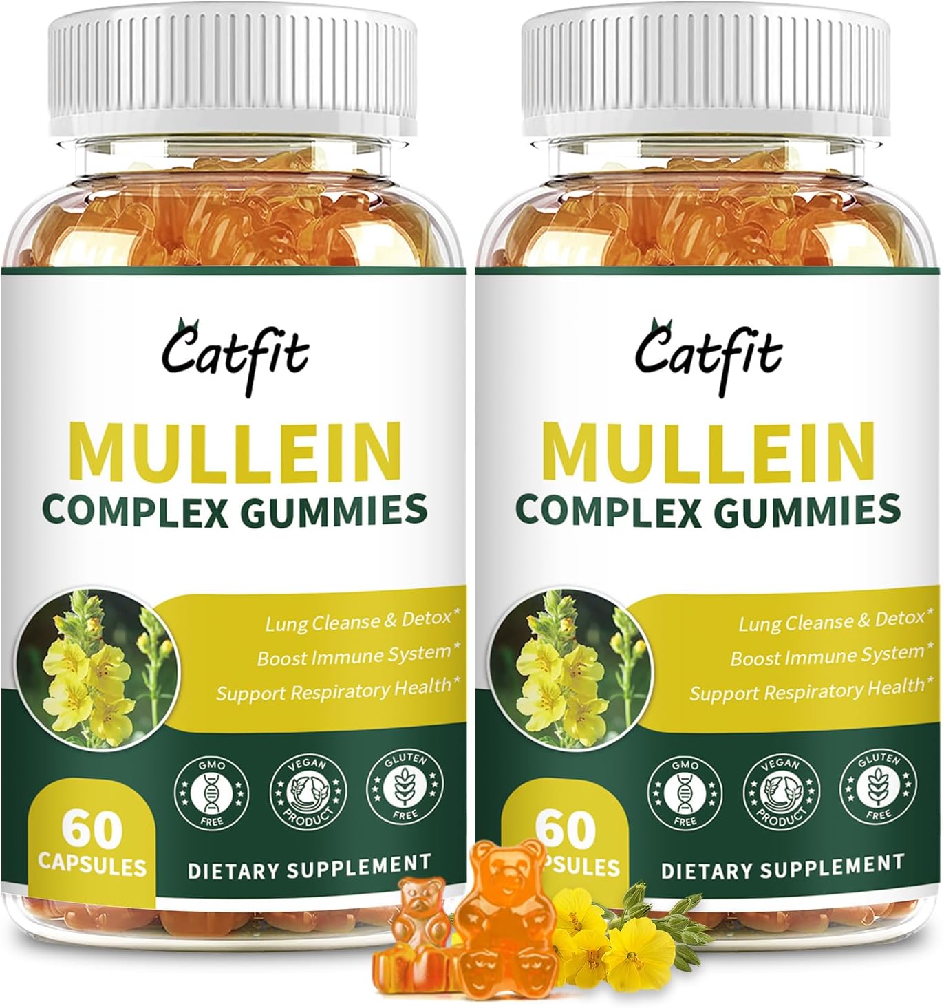 (120 pcs Mullein Gummies for Lungs – Mullein Leaf Extract with Quercetin, Elderberry for Respiratory & Immune Support, Lung Cleanse, Breathing & Detox, Vegan, Pineapple Flavor, (2 Pack) best by ( 02-2027)