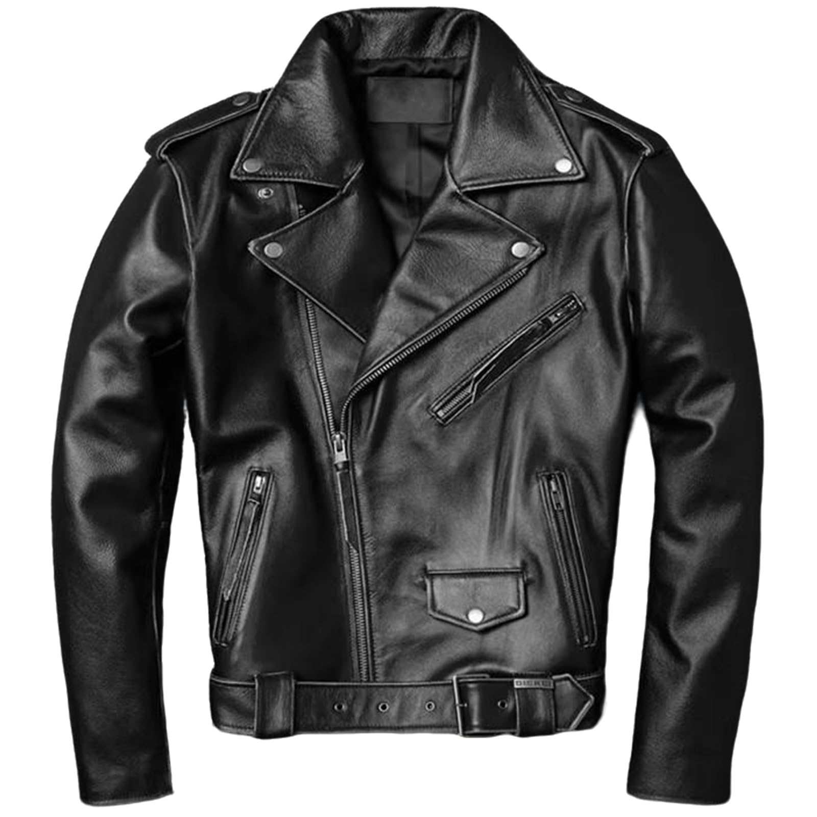 Men‘s Top Grain Cowhide Leather Jacket, Vintage Short Biker Coat With Lapel Collar And Asymmetric Zipper XL Black
