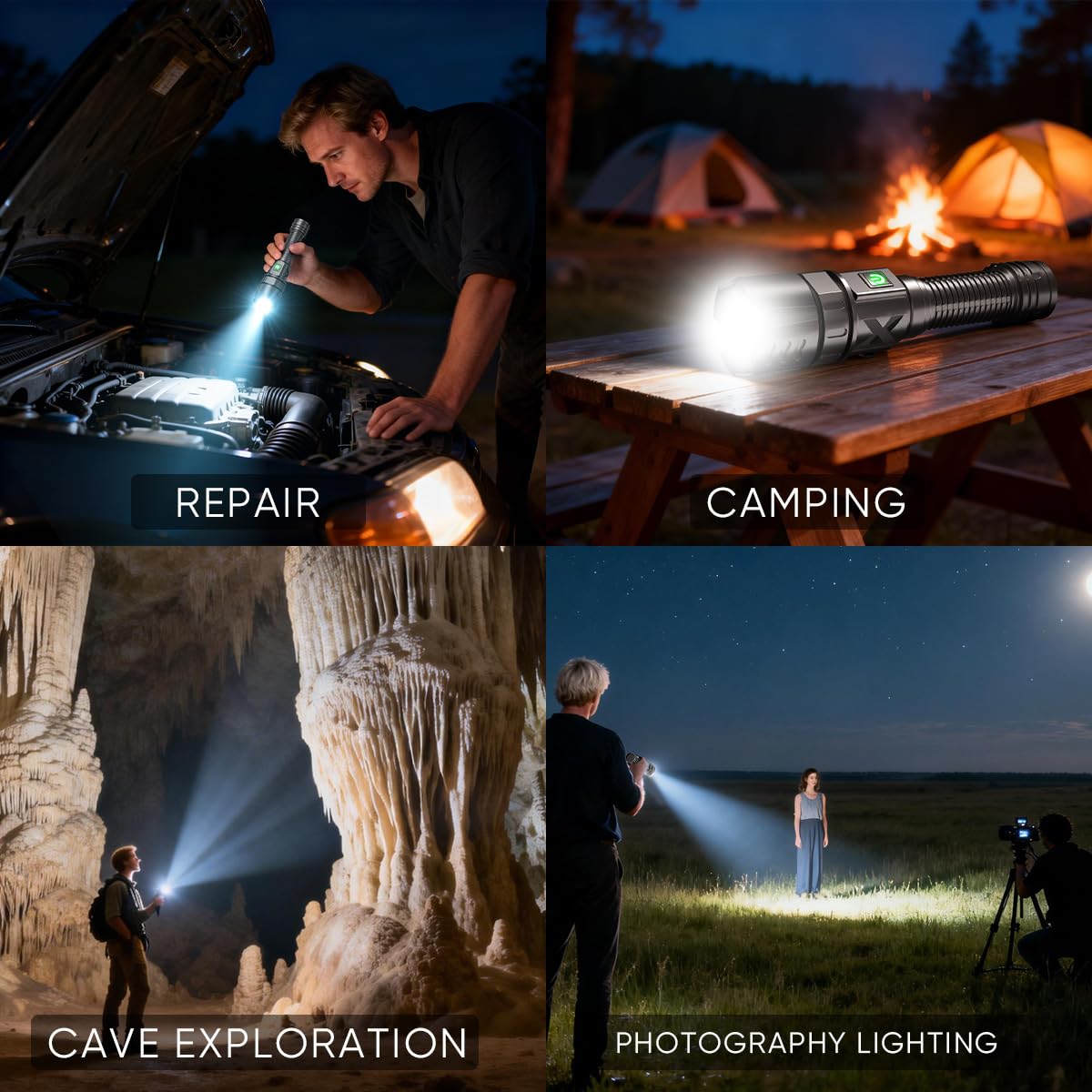 NAKCNM Linterna LED recargable, linterna LED extremadamente luminosa, 10.000 lúmenes, alimentada por batería, 5 modos de fuego, ajustable, impermeable, para camping, excursiones y emergencias