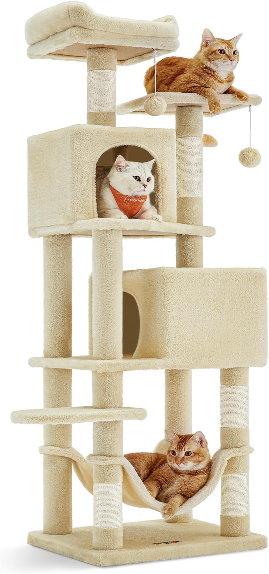 Feandrea Cat Tree, 59.5-Inch Tall Cat Tower, Plush Multi-Level Condo with 5 Scratching Posts, 2 Perches, 2 Caves, Hammock, 2 Pompoms, Beige UPCT192M01