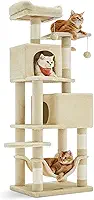 Feandrea Árvore para Gatos, 155 cm, Arranhador de Pelúcia com Vários Níveis, 5 Postes para Arranhar, 2 Tocas, Rede, 2 Pompoms, Bege BRPCT192M01V1