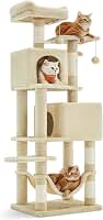 Feandrea Árvore para Gatos, 155 cm, Arranhador de Pelúcia com Vários Níveis, 5 Postes para Arranhar, 2 Tocas, Rede, 2 Pompoms, Bege BRPCT192M01V1