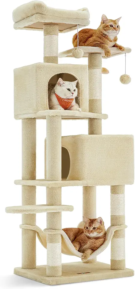 Feandrea Árvore para Gatos, 155 cm, Arranhador de Pelúcia com Vários Níveis, 5 Postes para Arranhar, 2 Tocas, Rede, 2 Pompoms, Bege BRPCT192M01V1