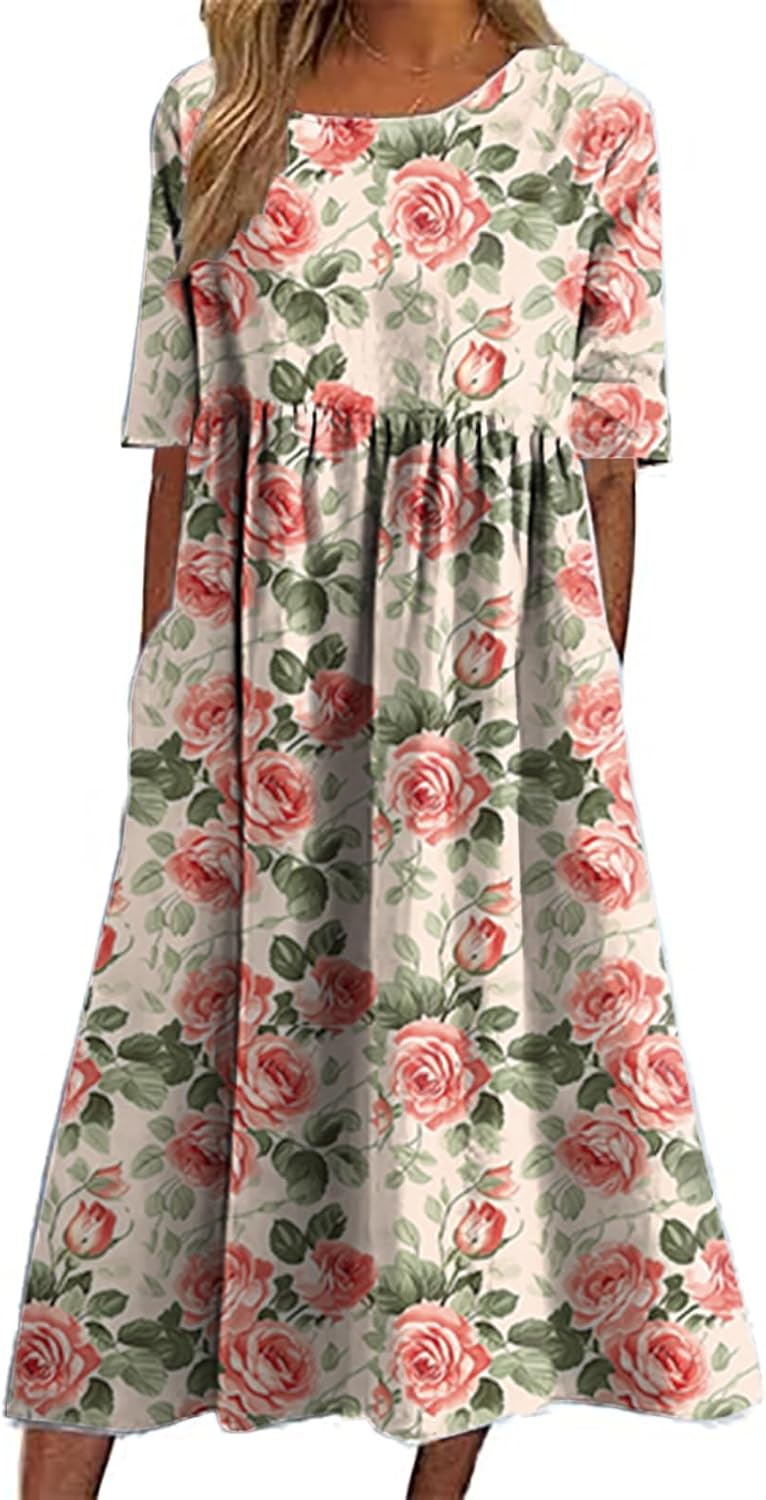 domirica Womens Trendy Boho Floral Dress Plus Size Half Sleeve Baggy Casual Crew Neck Dress