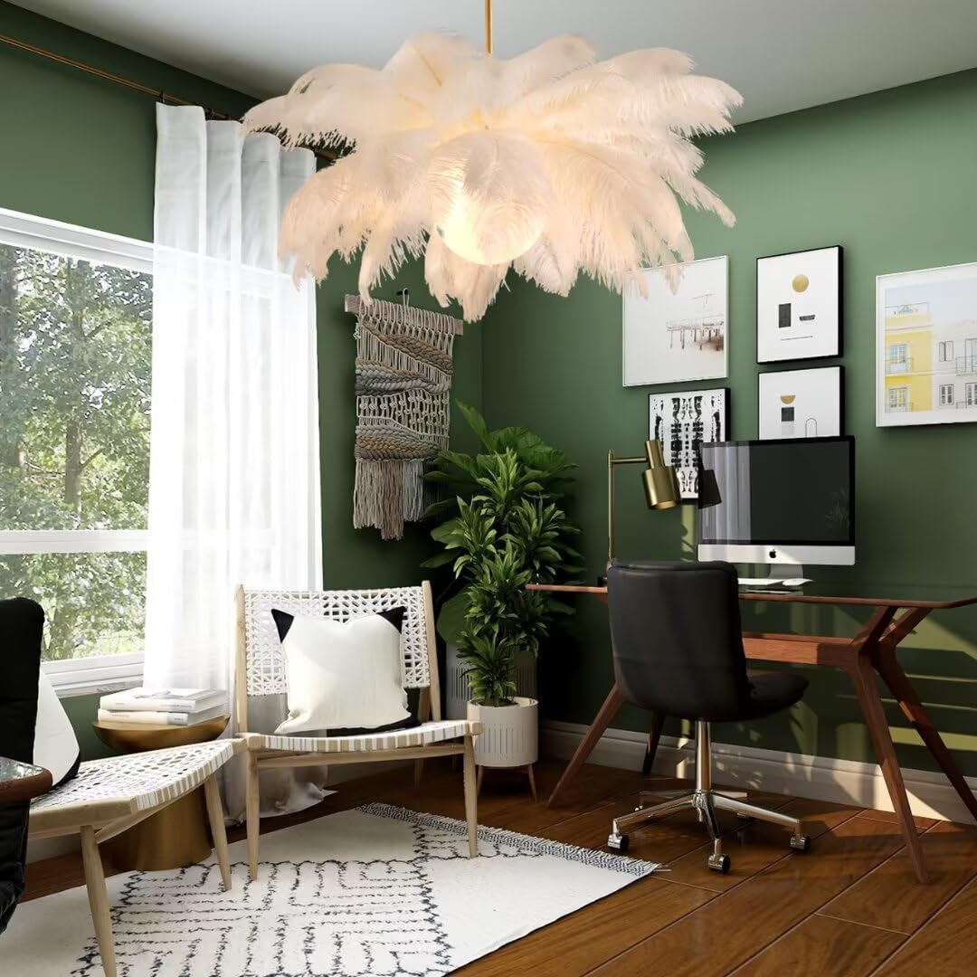 Lámpara colgante de plumas de avestruz blanca, lámpara de techo de plumas, lámpara colgante de plumas, lámpara de techo, accesorio de iluminación de techo para dormitorio, sala de estar