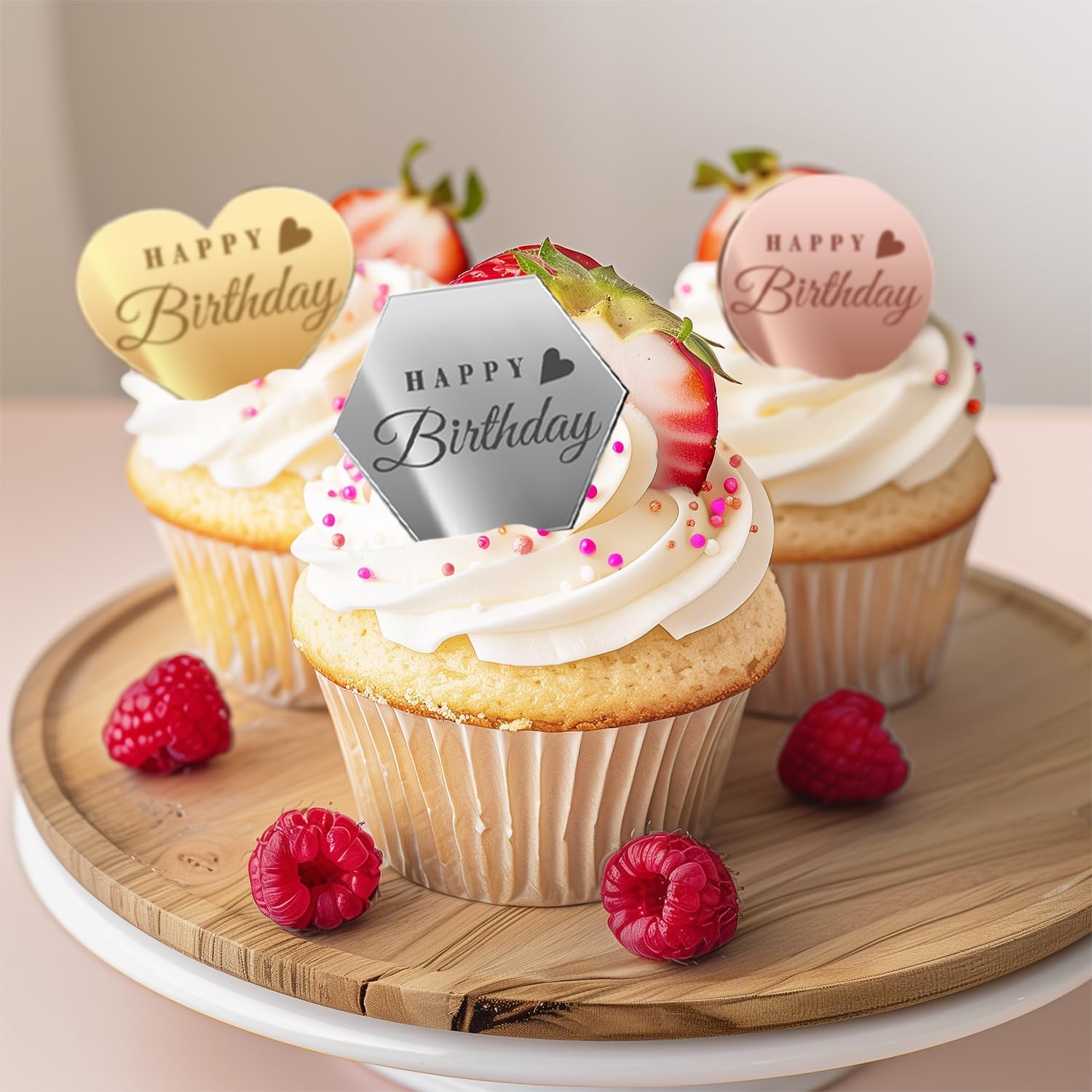 45PCS Happy Birthday Cake Toppers, Mirror Acrylic Cupcake Toppers 3 Multi-shape & 3 Different Color Custom Cupcake Picks for Birthday Party Anniversary Pastries Decorations