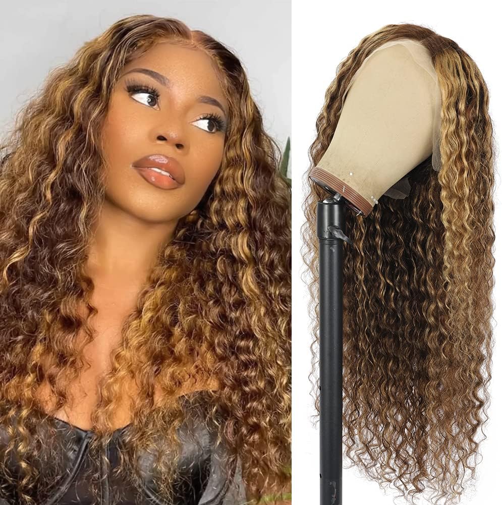 Ayiyi 13x4 Ombre Highlight Deep Wave Lace Frontal Wig 180% Density Colored HD Transparent Honey Blonde Human Hair Wigs for Women (20 Inch, #4/27)