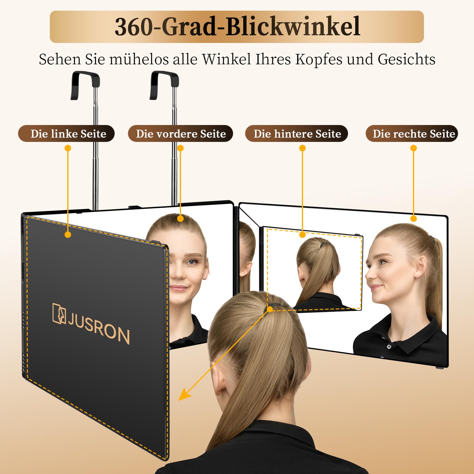 JUSRON Miroir Pliable à 360 degrés avec licth - Miroir cosmétique à Couper soi-même - Hauteur réglable avec Crochet -Noir Mat