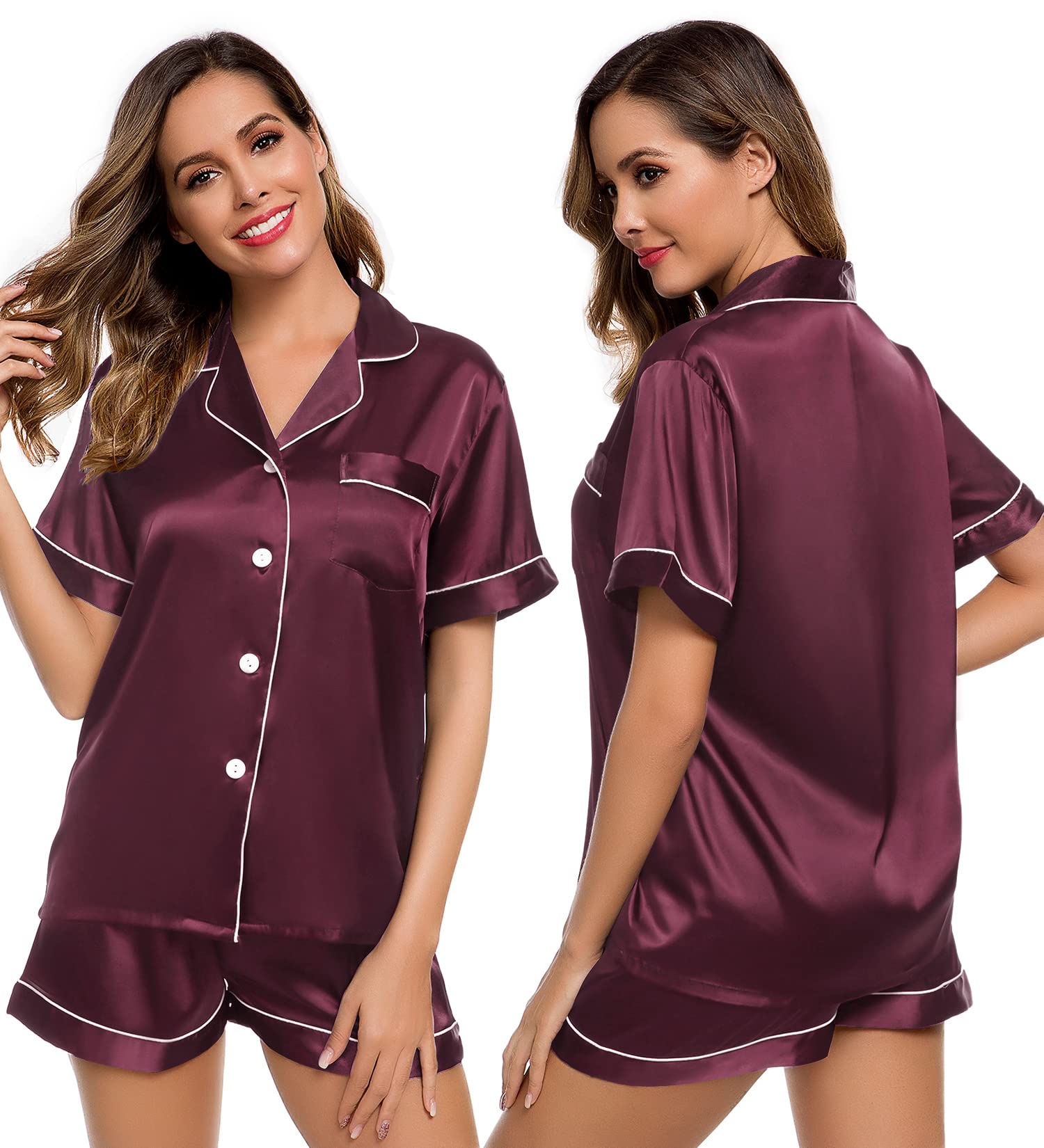 LecGee Womens Silk Satin Pajamas Set Short Sleeve Sleepwear Button Down Nightwear Soft Pj Lounge Sets