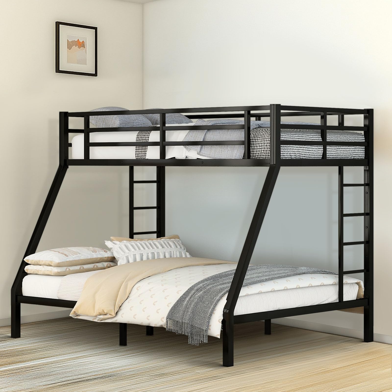 ATY Twin XL Over Queen Bunk Bed with 2 Side Ladders and Safety Guardrails, Sturdy Metal Bedframe for Kids Bedroom, Dorm, Black