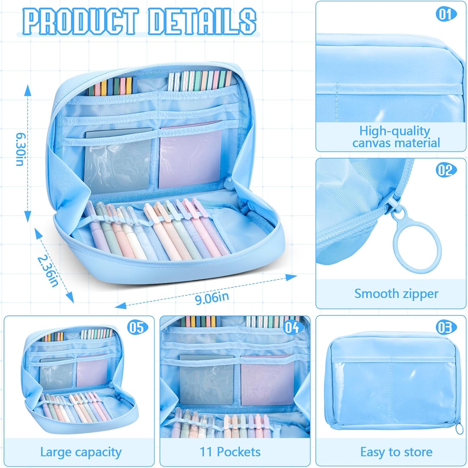 Trandraft 135 Pcs Book Annotation Kit Aesthetic Pencil Case Bag 12 Highlighter 11 Gel Pen 1 Marker 300 Sheet Transparent Sticky Notes Pad 2640 Index Stickers Bible Study Supplies(Kawaii,Blue)