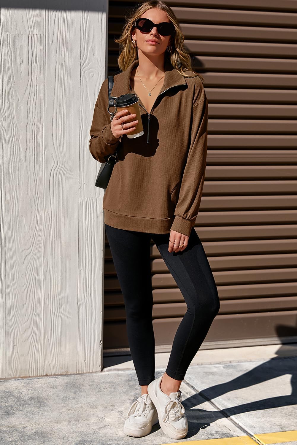 Dokotoo Womens Sweatshirt Waffle Knit Long Sleeve Lapel Half Zip Up Casual Lightweight Soft Sweatshirts Loose Pullover Tops - Image 4