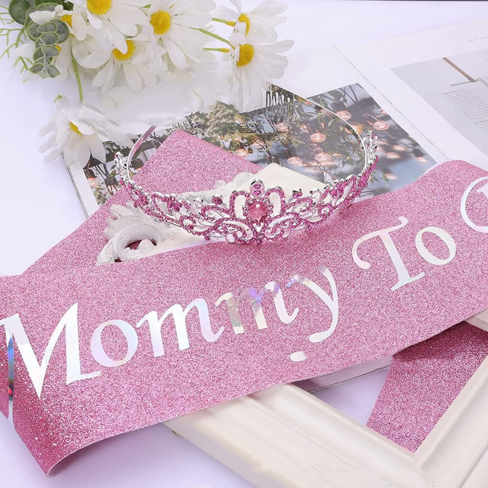 JIHUOO 2 Pcs Mommy to Be Crown Sash Glitter Lettering Sash Crystal Rhinestone Tiara Crown Special Event Crown Sash Baby Shower Decorations Blue - Image 3