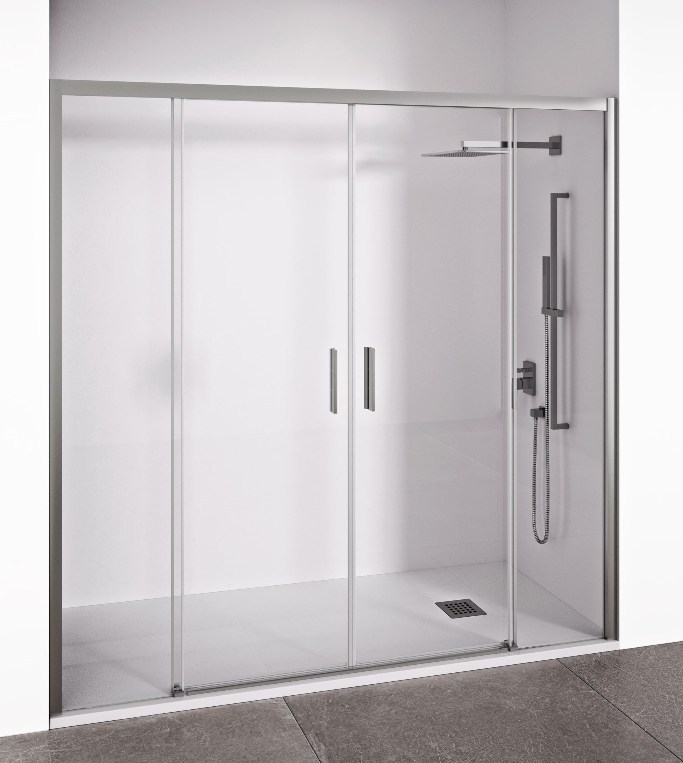 Mampara de ducha frontal 2 hojas correderas + 2 fijos sin perfilería inferior - Transparente - Cristal templado 6 mm Antical - Perfilería Plata Brillo - Ancho adaptable 165-170 cm - Alto 195 cm - EIRE