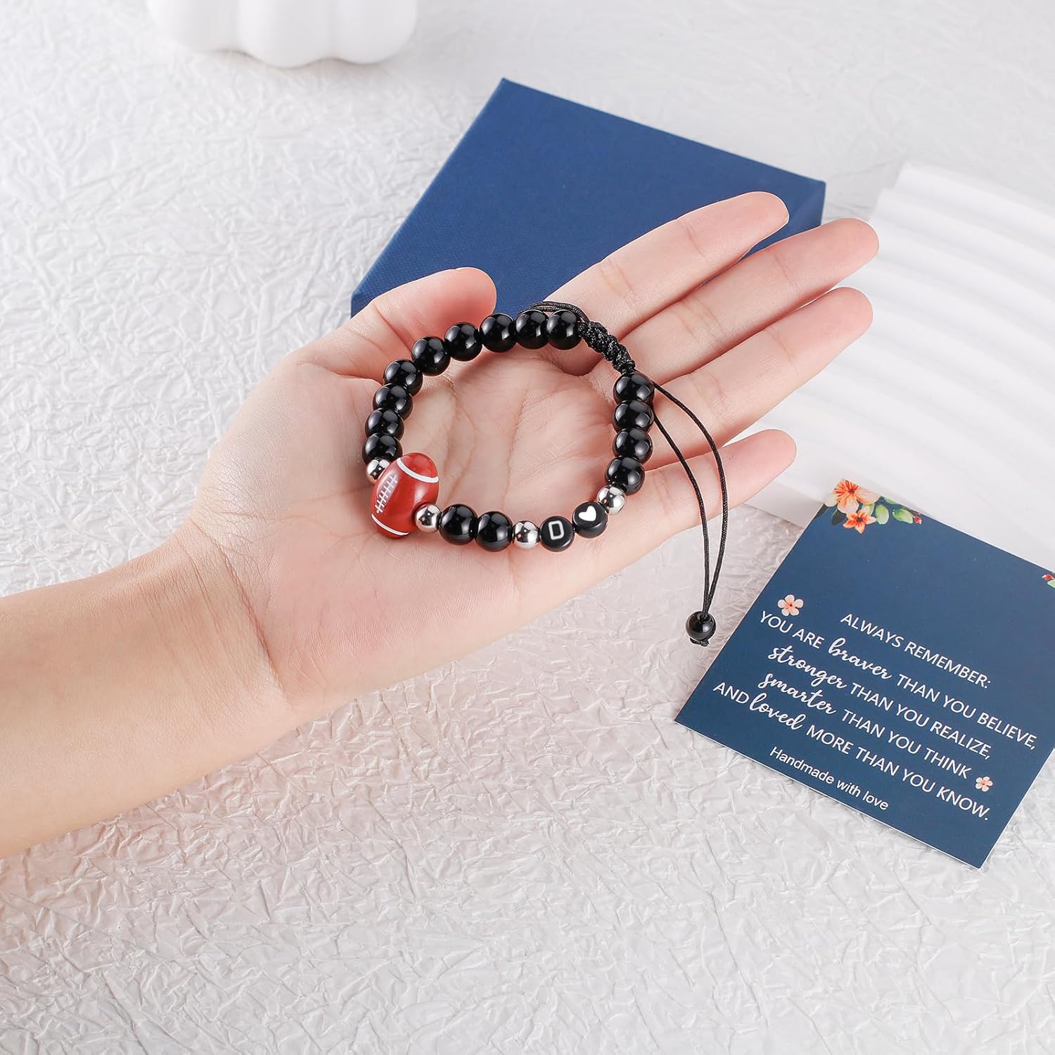 Haoze Football Soccer Initial Bracelet Black Beaded Bracelets Football Soccer Jewelry Sports Bracelet Gifts for Teen Football Lovers Football Soccer Accessories Birthday Gifts for Men Women - Image 4