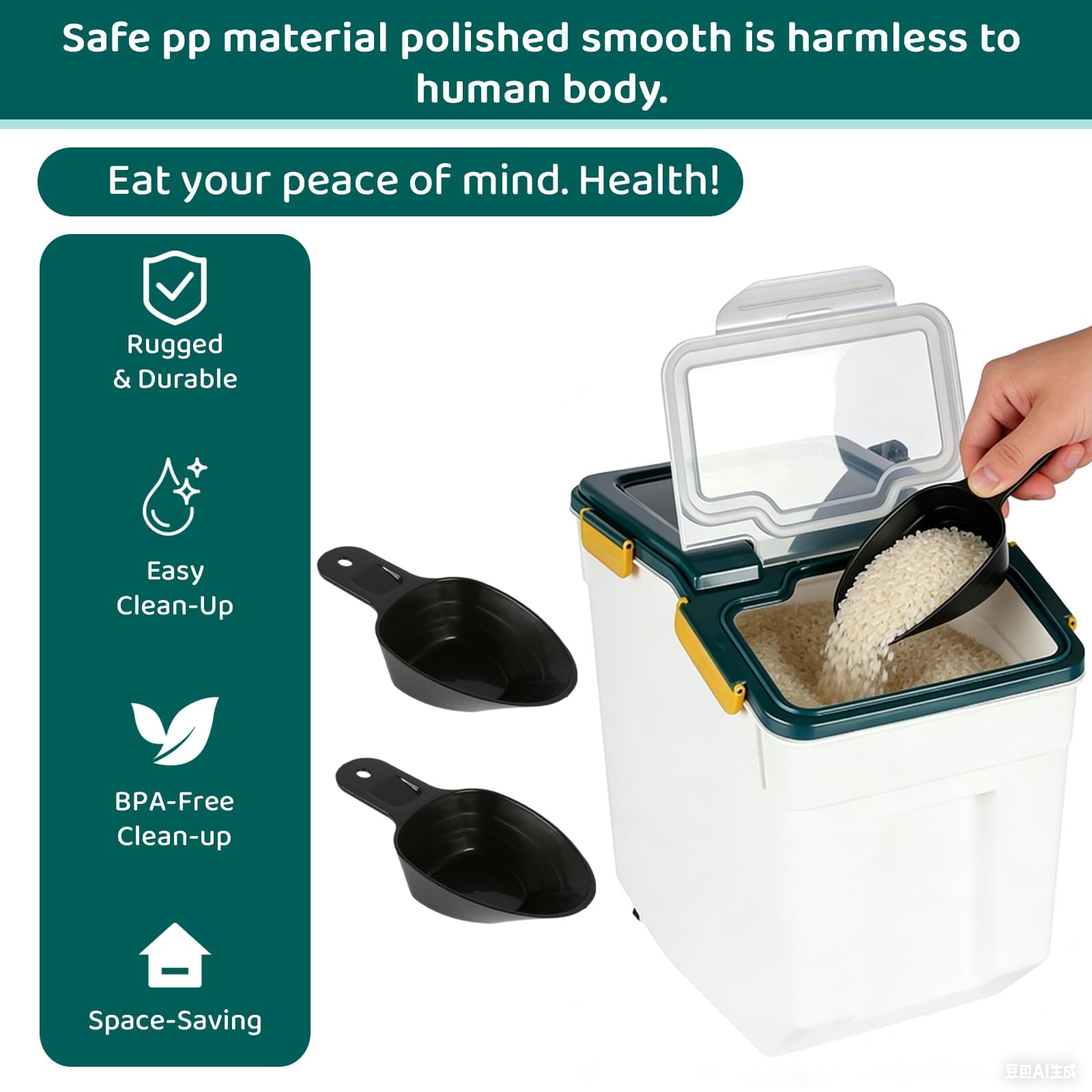 Set di 2 contenitori ermetici per farina da 20 kg con coperchio di chiusura, grande contenitore per riso e farina con ruote e misurino, dispenser per alimenti secchi senza BPA per cucina e