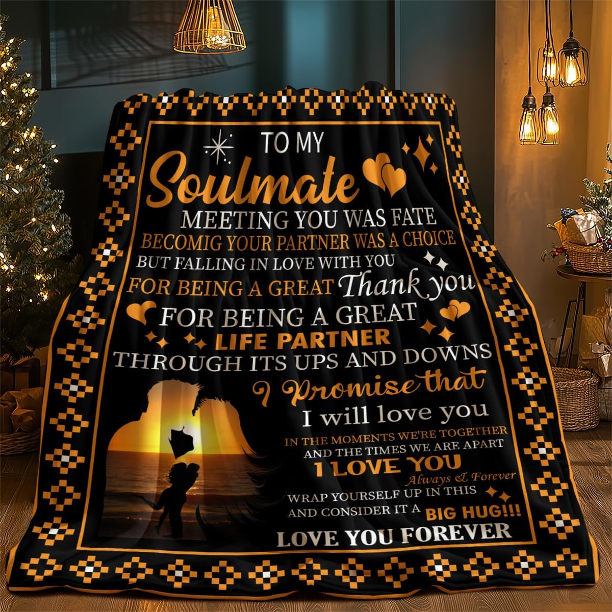to My Soulmate Romantic Love Letter Throw Blanket Sunset Couple Silhouette Design Throw Long Distance Relationship Gift Thank You Partner Blanket Wedding Anniversary Present Big Hug 80x60 Inches
