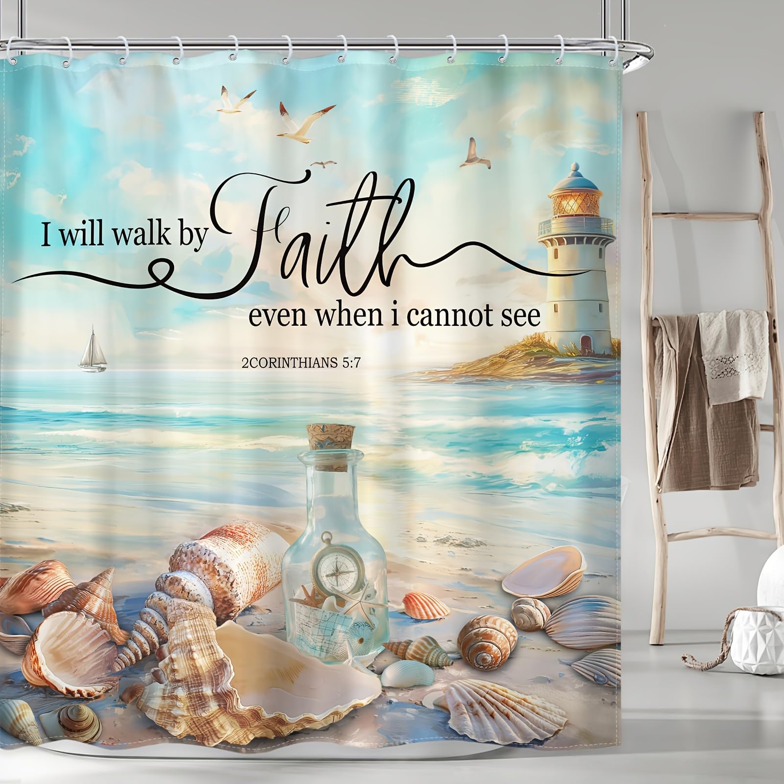 GLWDMB 1 Piece 120x180CM Sunrise Coast Lighthouse Starfish Shell Printed Shower Curtain With Hook, Polyester Fabric, For Windows And Walls, Bathtub, Bathroom, Machine Washable, All Season Universal