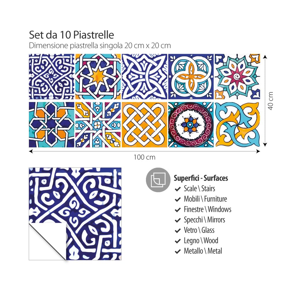 RE-COVERTILES - Adesivi per Piastrelle Bagno e Cucina 10 Pz 20x20 cm - PS00033 Decorazione murale in PVC impermeabile mattonelle mosaico stile cementine Azulejos