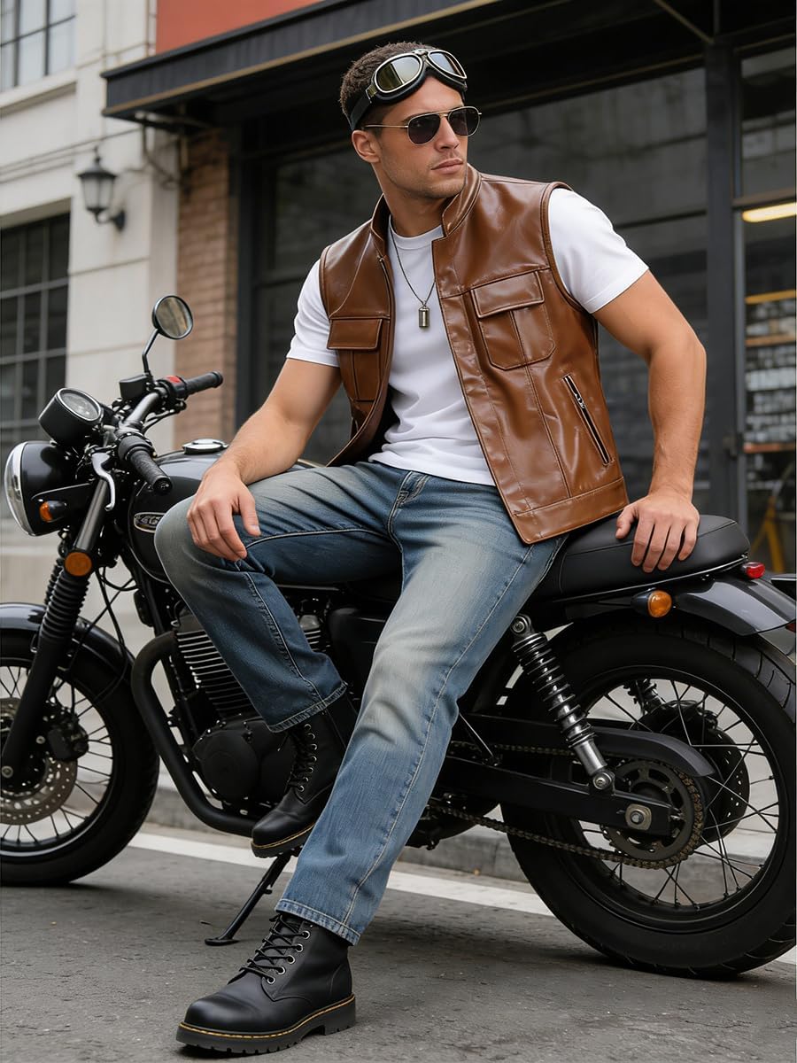 Men's Vintage Sleeveless Leather Vest Casual Stand Collar Waistcoat with Zipper Pockets