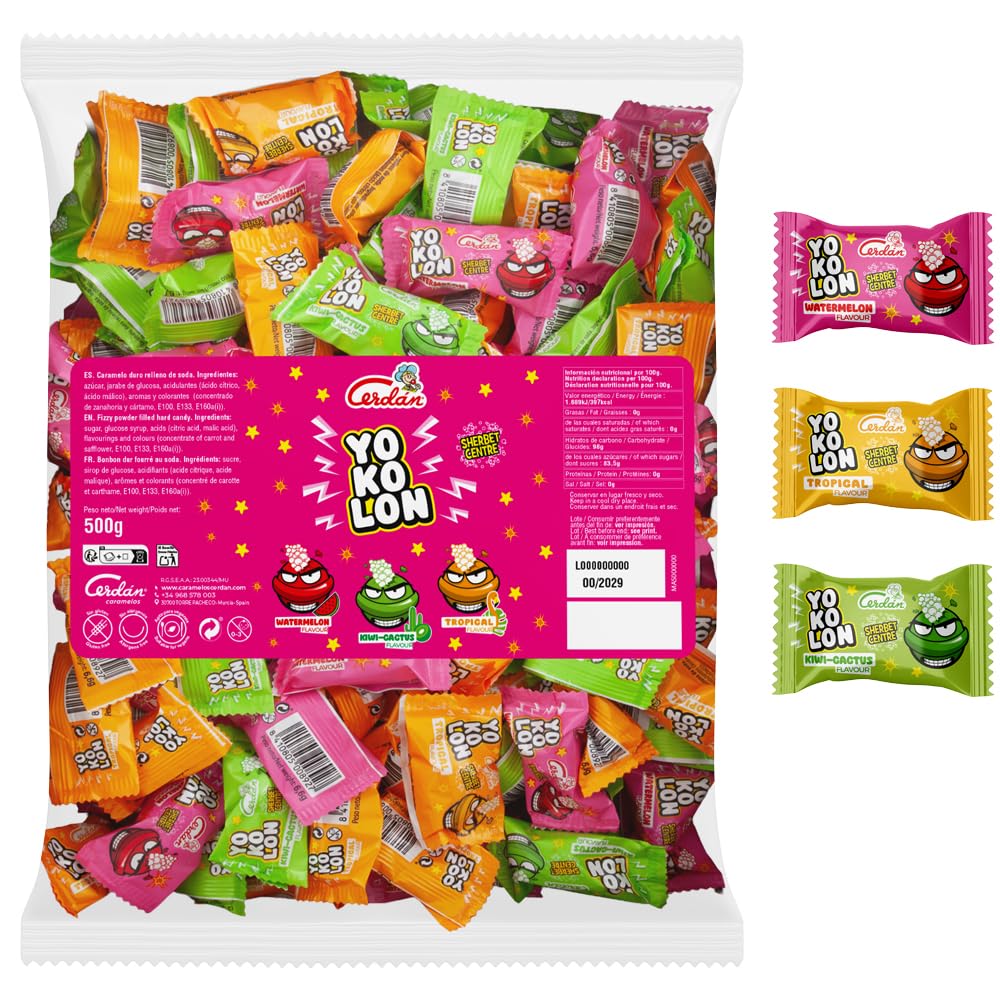 Caramelos Cerdán - Bolón Yokolón sabores sandía, kiwi/cactus y tropical con relleno efervescente de soda | Caramelo duro intenso y divertido | Sin gluten ni alérgenos. Bolsa 75 uds aprox. – 500 g