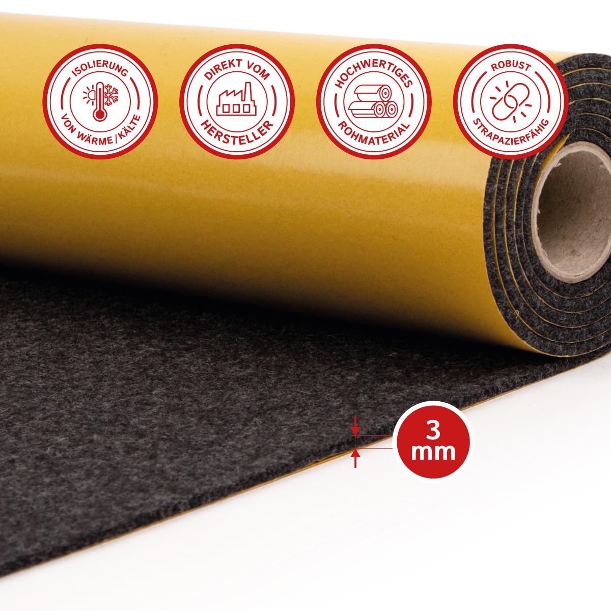Filc wełniany do kampera, samoprzylepny: 100% naturalny filc igłowany – grubość 3 mm, rozciągliwy i oddychający – Made in Germany (antracytowy, 1 50 cm x 100 cm (0,5 m x 1 m)