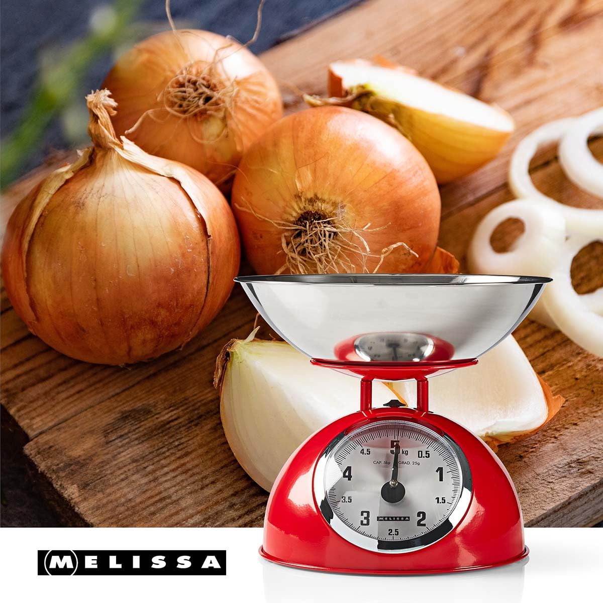 Melissa Mechanische Küchenwaage, Analog mit Edelstahlschüssel, Küchenwaage Digital, Waage Küche, Küchenwage, Küchenwaagen 5kg Kapazität, 25g Skalierung, Rot, Abnehmbare Schale, Metallgehäuse
