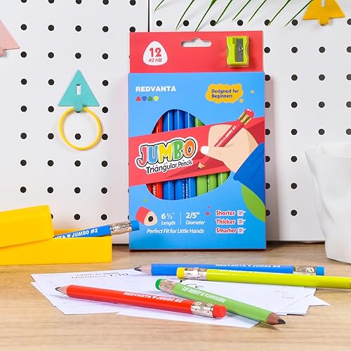 Miniatura 8 de Lápices jumbo preafilados #2 para niños pequeños, lápices triangulares de grasa con borradores para preescolares, principiantes, jardín de infantes,