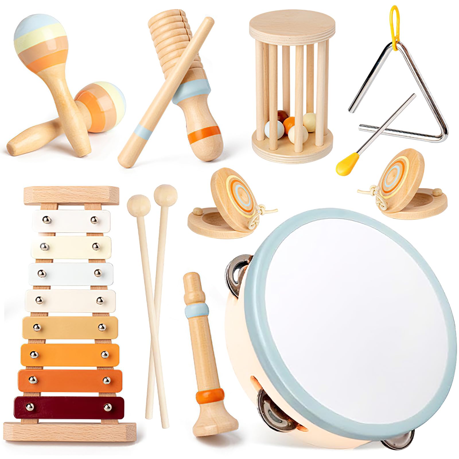 Instruments de Musique pour Bébé, Jouets Musicaux Montessori pour Enfants, Ensemble d'Instruments de Percussion en Bois, Cadeau pour Enfants de 1 2 3 4 5 Ans Filles et Garçons (8 in 1)