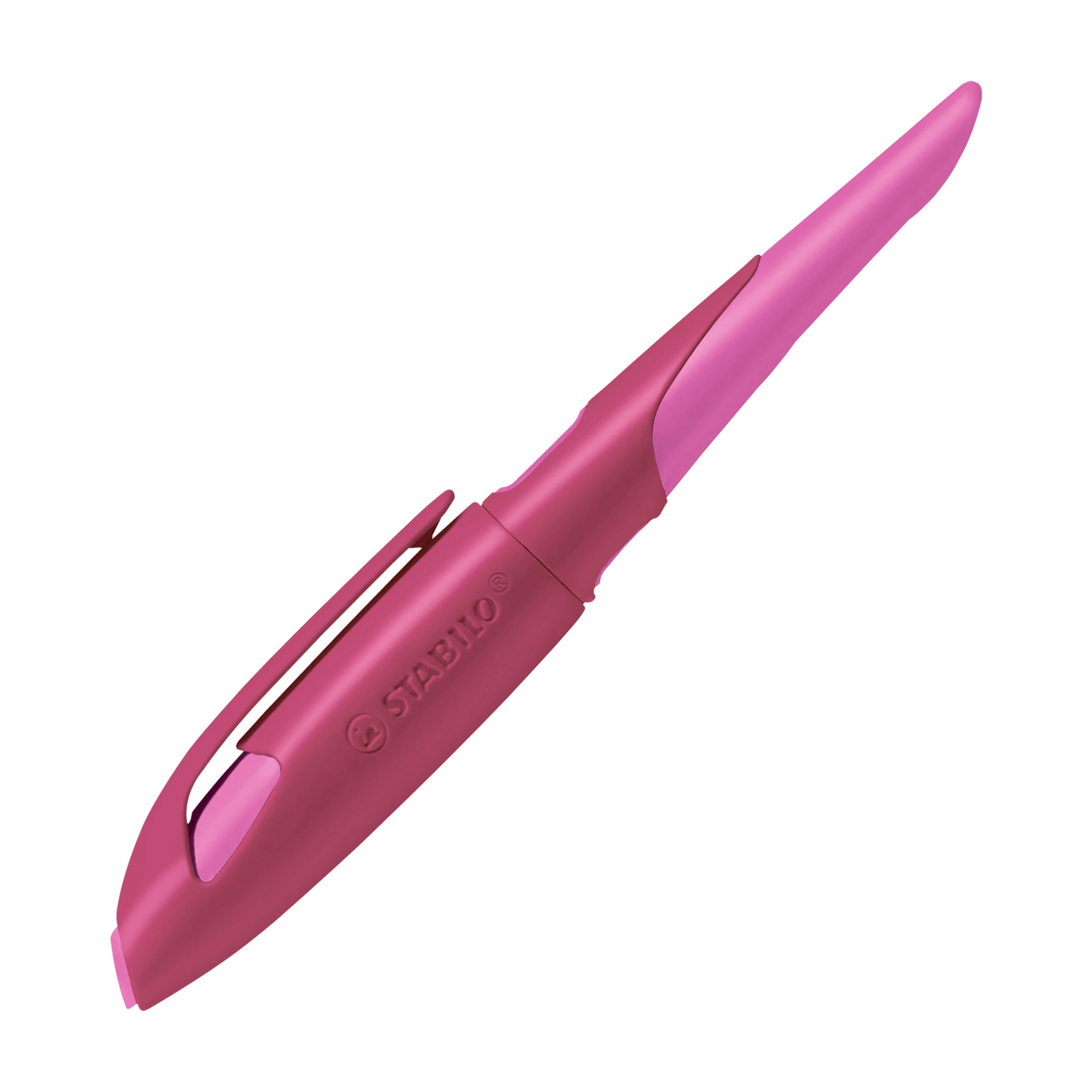 STABILO - Ergonomischer Schulfüller EASYbirdy, Rechtshänder, Anfänger-Feder A, beere/pink, inklusive Patrone, Schreibfarbe blau (löschbar)