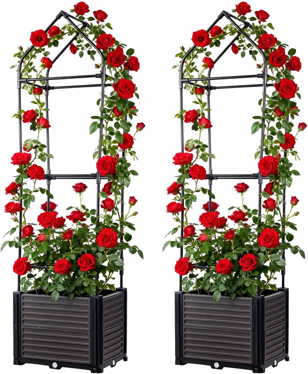 Set of 2 Raised Bed Metal & PP for Garden with Trellis Plant Holder, Plant Box, Flower Box, Herb Bed with Self-Watering for Growing Tomatoes, Flowers and Herbs, 40 x 40 x 150 cm