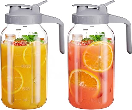 Glass Mason Jar Pitcher, 64 oz Wide Mouth Jug with Pour Spout Handle Lid for Cold Brew Coffee, Ice Beverage, Iced Juice, Lemonade, Sun Tea, Fruit Drinks Container2Pack Gray