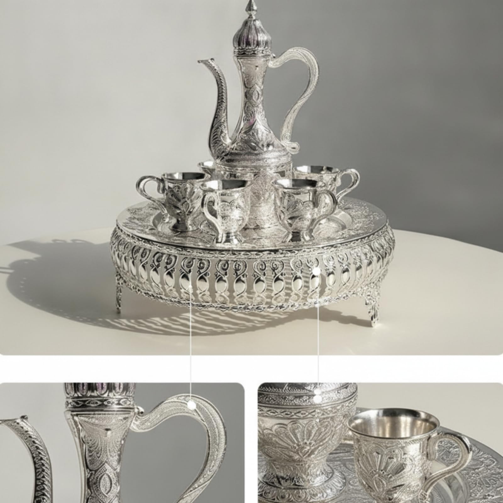 Servizio da Vino con Vassoio Argentato Decanter con Bicchieri Decorato Set di Calici Decanter per Collezionisti, Set Di Teiera E Tazze Con Motivo A Piccoli Fiori