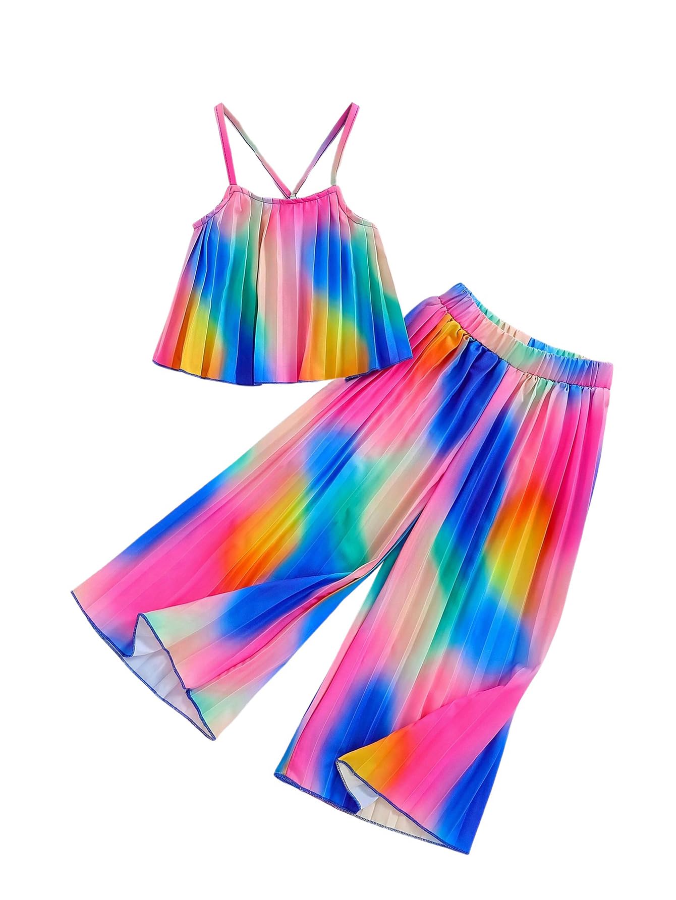 RoseSeek Conjunto bohemio de 2 piezas para niña, camisolas plisadas con tirantes delgados y pantalones de pierna ancha con cintura elástica