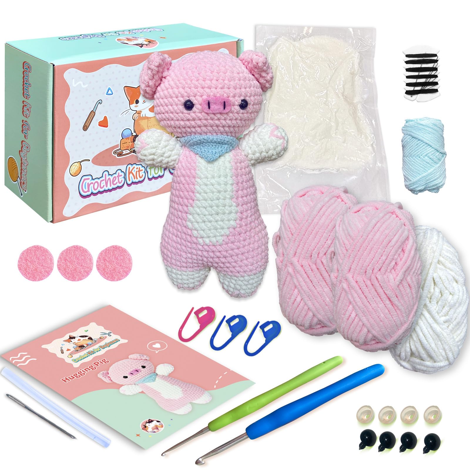 NDEMl Pink Crochet kit for Beginners with Step-by-Step Video tutorials, Cute Piggy Crochet kit with Enough Thread, Hooks, Accessories